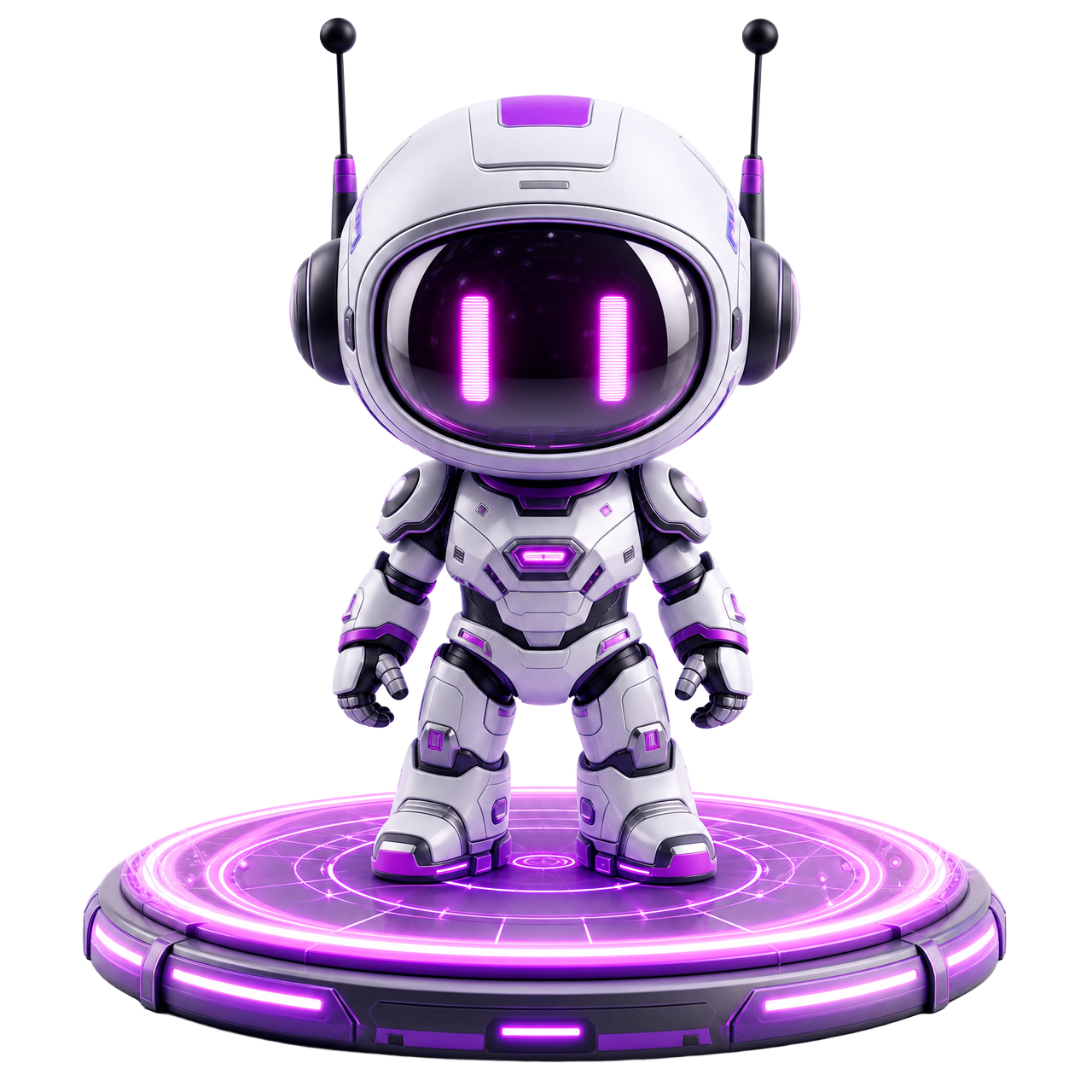 Auro chibi robot-astronaut mascot standing on a glowing neon pedestal